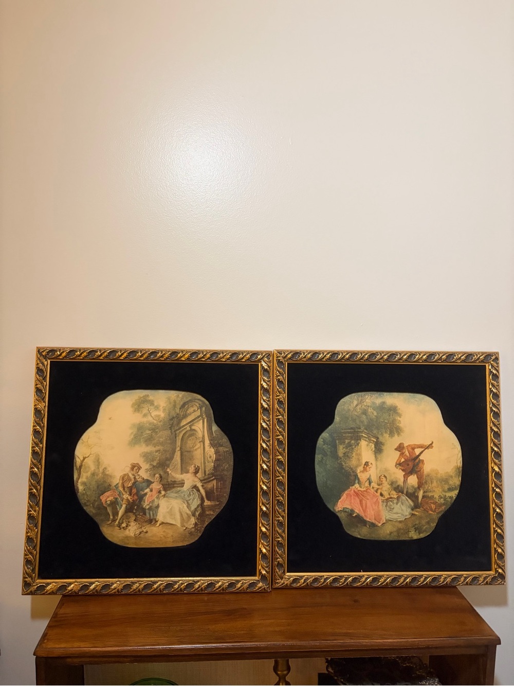 Pair of Vintage Romantic Scene Prints in Ornate Gold Frames - Black Mat